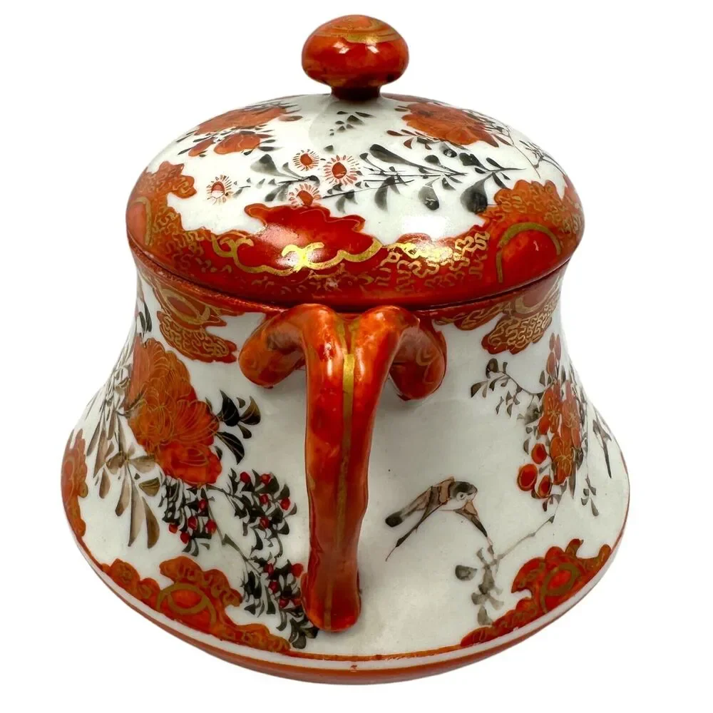 Antique Japanese Kutani Porcelain Creamer Sugar Dish White Meiji Floral‎ Vintage